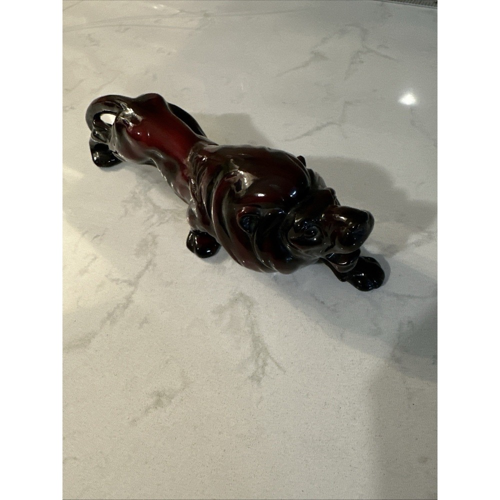 Rare Art Deco crouching tiger figurine deep red & Black flambe-style glaze Japan